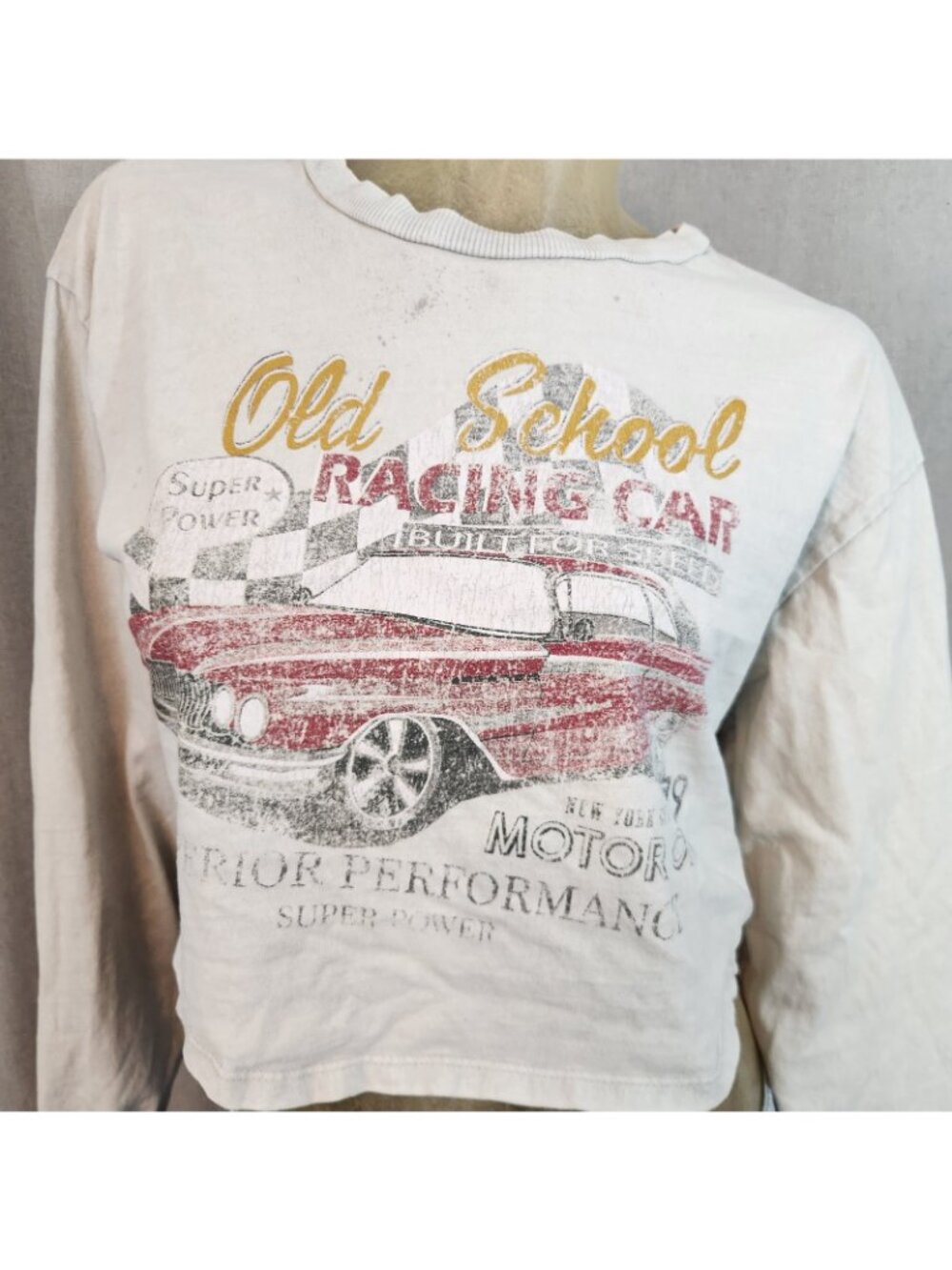 Forever 21 Old School Racing Open Back Crew LS Graphic Print T Shirt Top SMALL - Picture 2 of 8